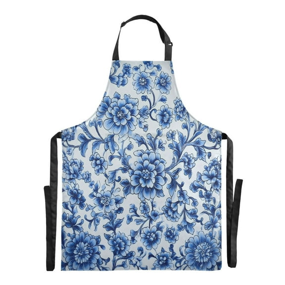 Blue and White Porcelain Long Apron for Cooking Water Resistant Adjustable Bib with 2 Pockets 88x68cm