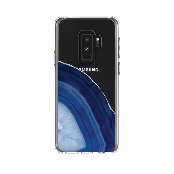 DistinctInk Clear Shockproof Hybrid Case for Samsung Galaxy S9  PLUS (6.2" Screen) - TPU Bumper, Acrylic Back, Tempered Glass Screen Protector - Dark Blue Agate Crystal Geode