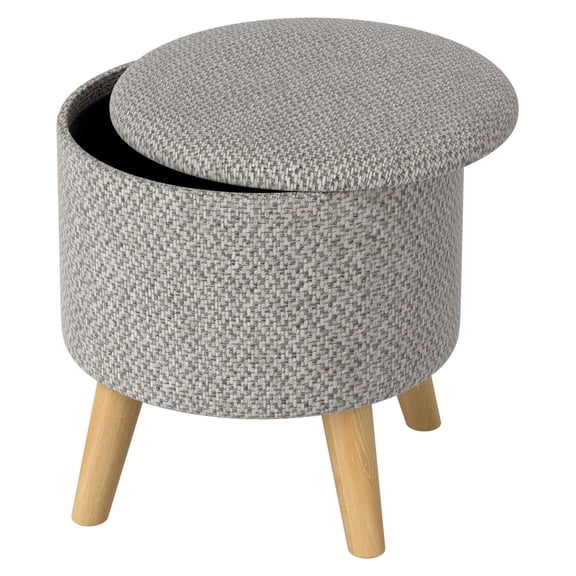 Round Storage Ottoman, Linen Foot Stool with Hidden Space - Light Gray