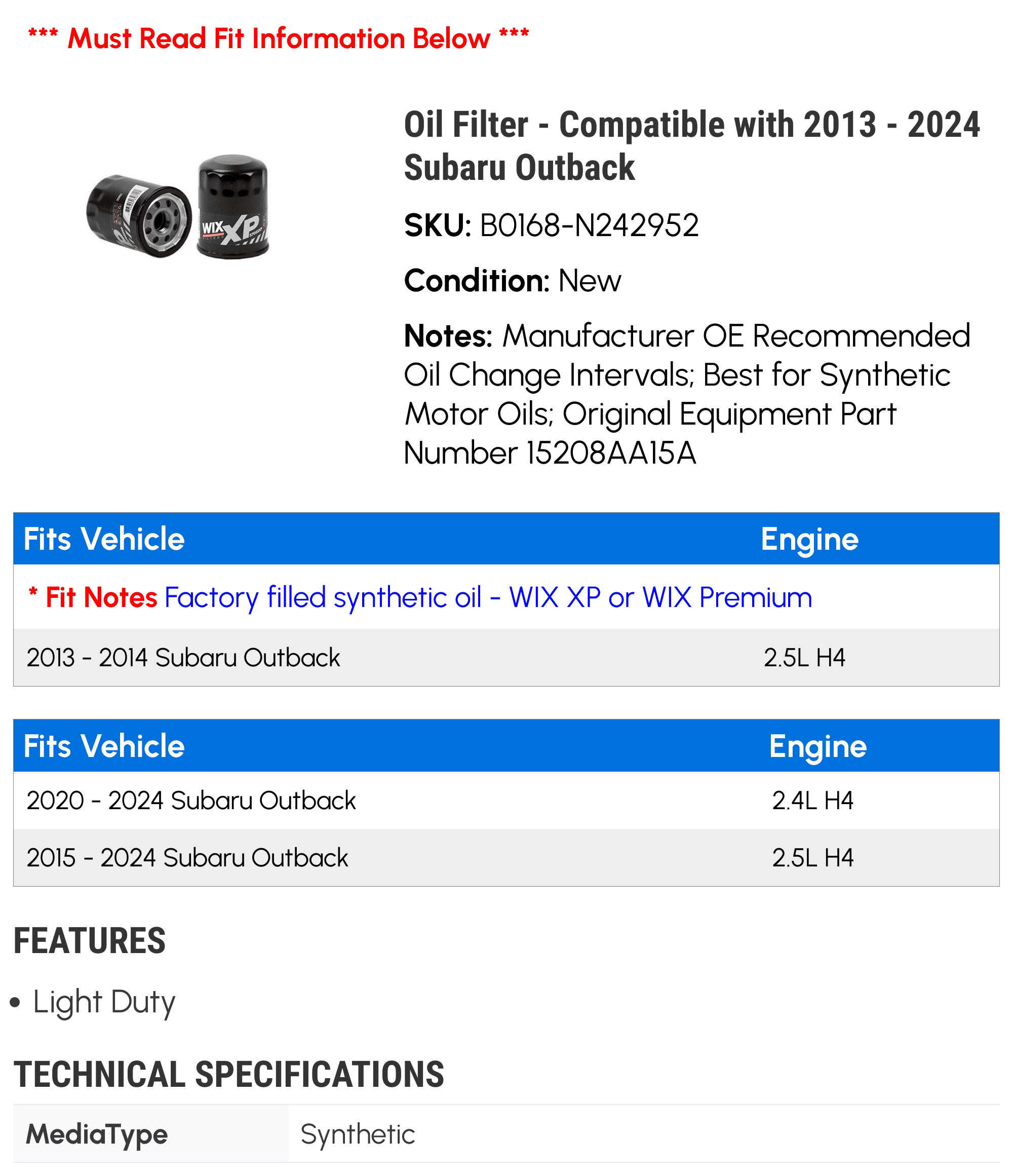 Oil Filter - Compatible with 2013 - 2024 Subaru Outback 2014 2015 2016 2017 2018 2019 2020 2021 2022 2023