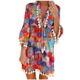 thumbnail image 2 of Robes d'Été Grande Taille pour Femmes 2024 Col en V Imprimé Manches 3/4 à Franges Patchwork Mini Robe Économisez jusqu'à 65 %!, 2 of 6