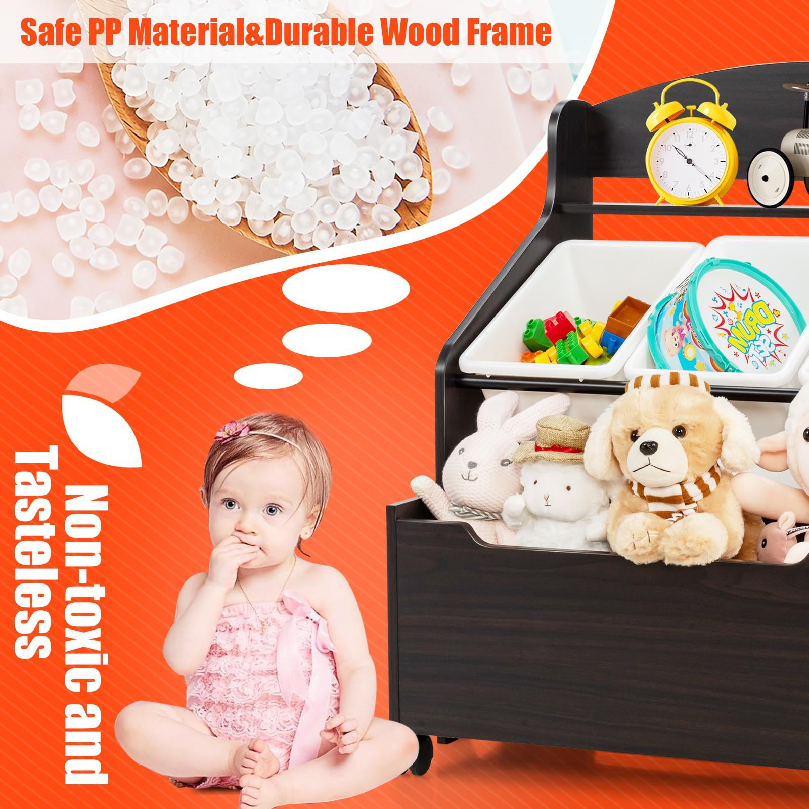Giantex Wooden Kids Toy Storage Organizer, Toddler Furniture Storage Unit w/Wheels for Child's Bedroom Playroom, Espresso