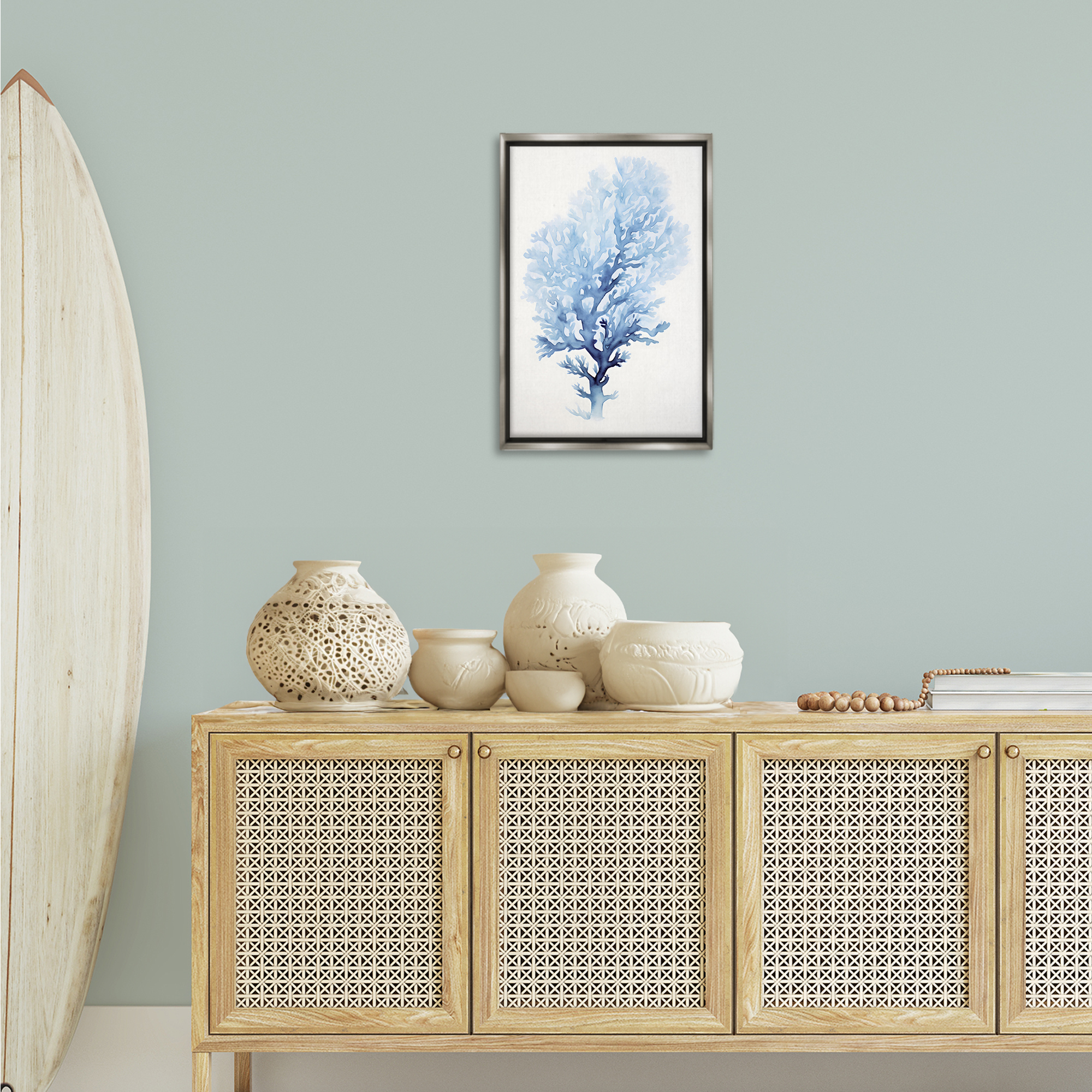 Stupell Industries Blue Coral Impression Animals & Insects Painting Gray Floater Framed Canvas Art Print Wall Art, 17 x 25