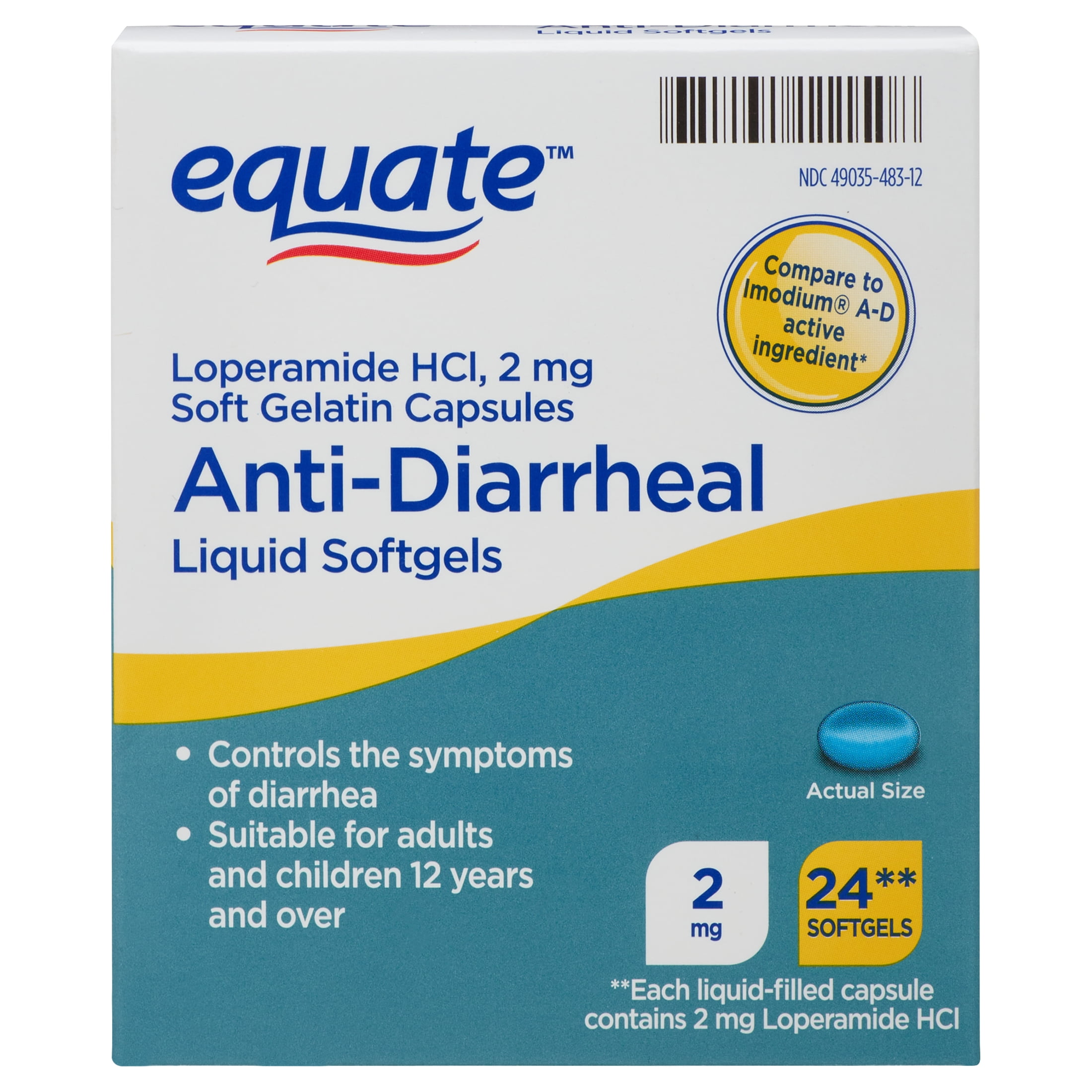 Equate Loperamide HCl Anti-Diarrheal Liquid Softgels, 2 mg, 24 Count