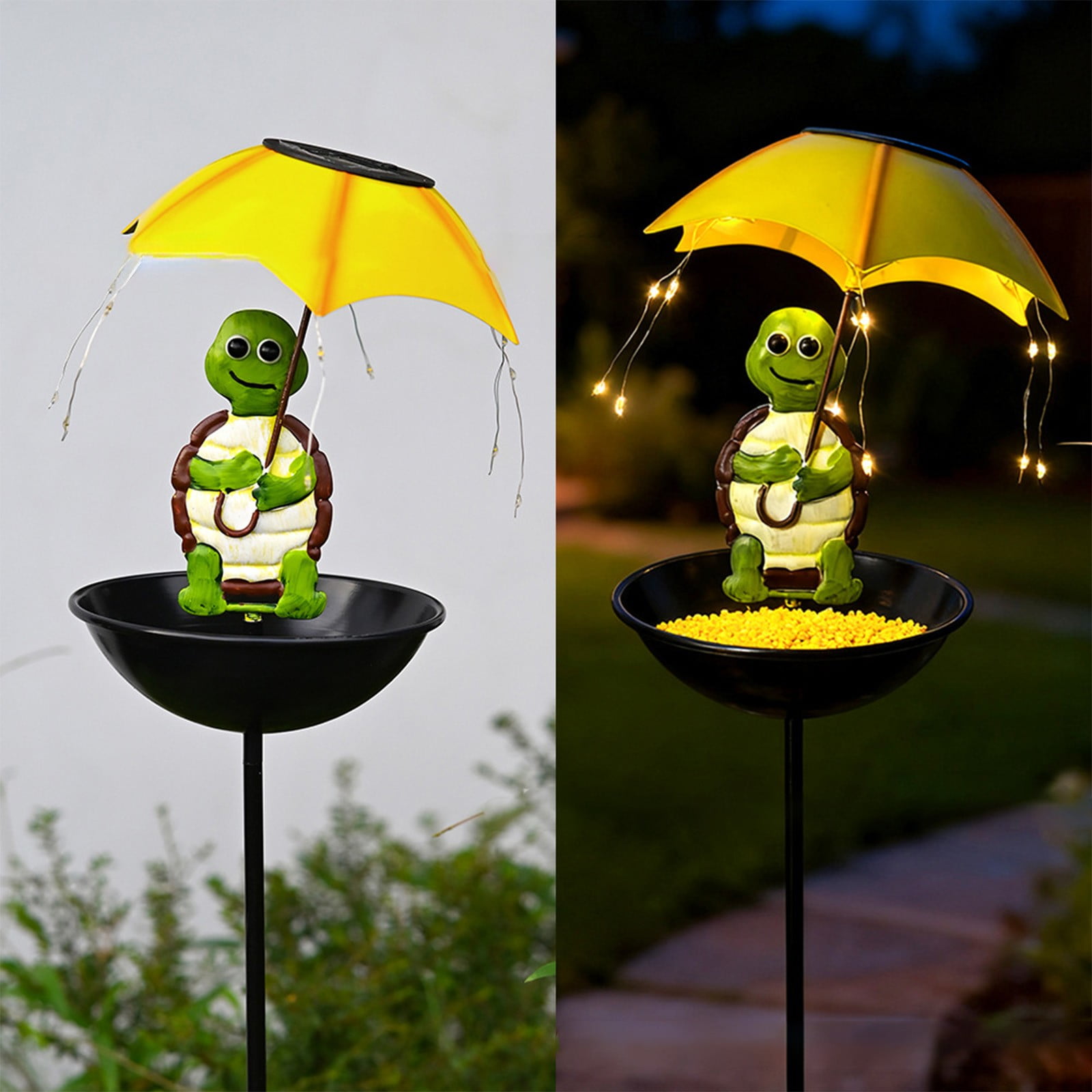LHNFT Cute Fox with Blue Umbrella Solar Bird Bath Feeder - Metal Stake Mounted Outdoor Decor with LED String Lights, Garden Yard Stake
