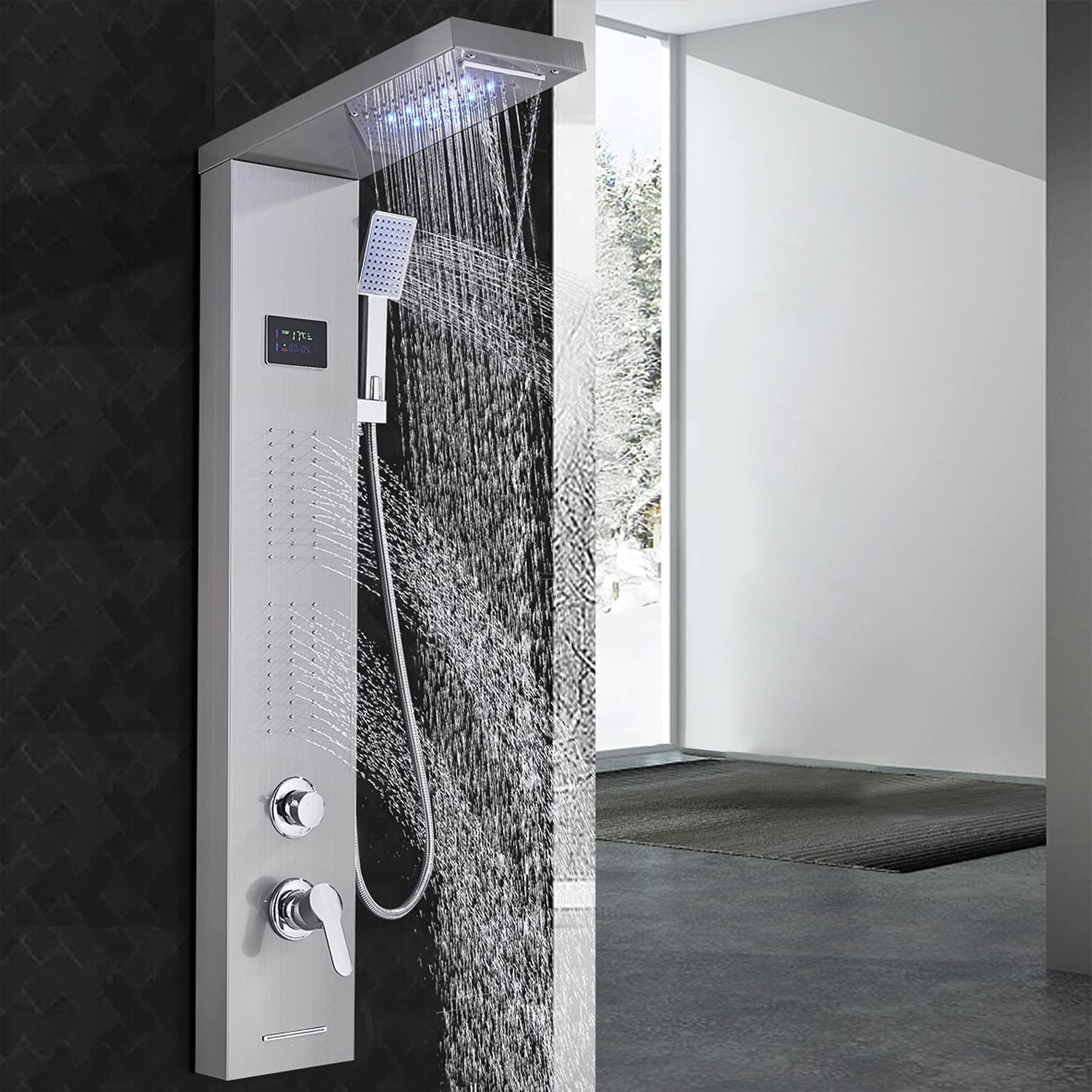 Zovajonia LED Shower Panel Tower System , 5Functions Stainless Steel Shower Tower , Waterfall