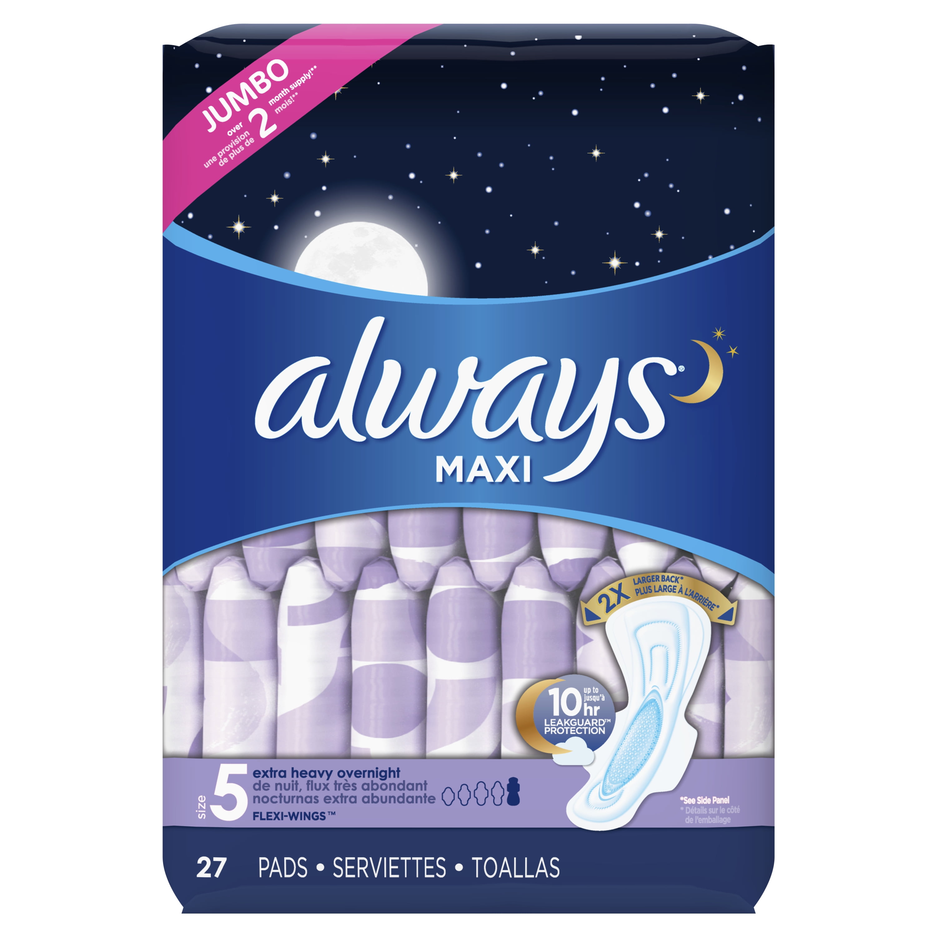 Always Maxi Overnight Pads with Wings, Unscented, Size 5, 27 ct