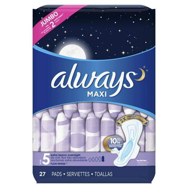 Always Maxi, Size 5, Extra Heavy Overnight Pads with Wings, Unscented