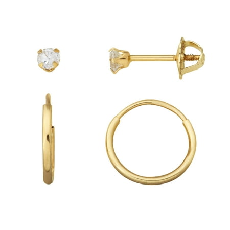 Brilliance Fine Jewelry 10K Yellow Gold 3MM Cubic Zirconia Studs and 12MM Endless Hoop Earrings Set