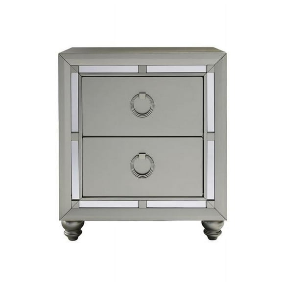 Champagne Tone Nightstand with 2 Drawer Mirror Trim Accent, Silver