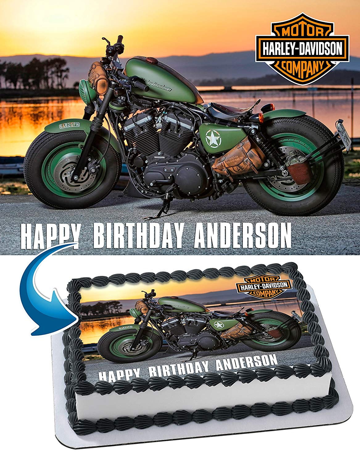 Harley Davidson Motorcycle Edible Cake Image Topper Personalized
