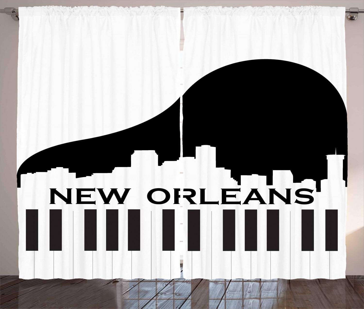 New Orleans Curtains 2 Panels Set, City Silhouette on a Piano Jazz