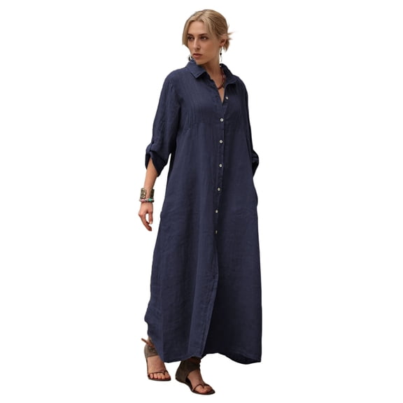Quixlent Women's Cotton Linen Shirt Dress Casual Rolled-Up Sleeve Button Dowm Maxi Dress Summer Loose Tunic Shift Dress