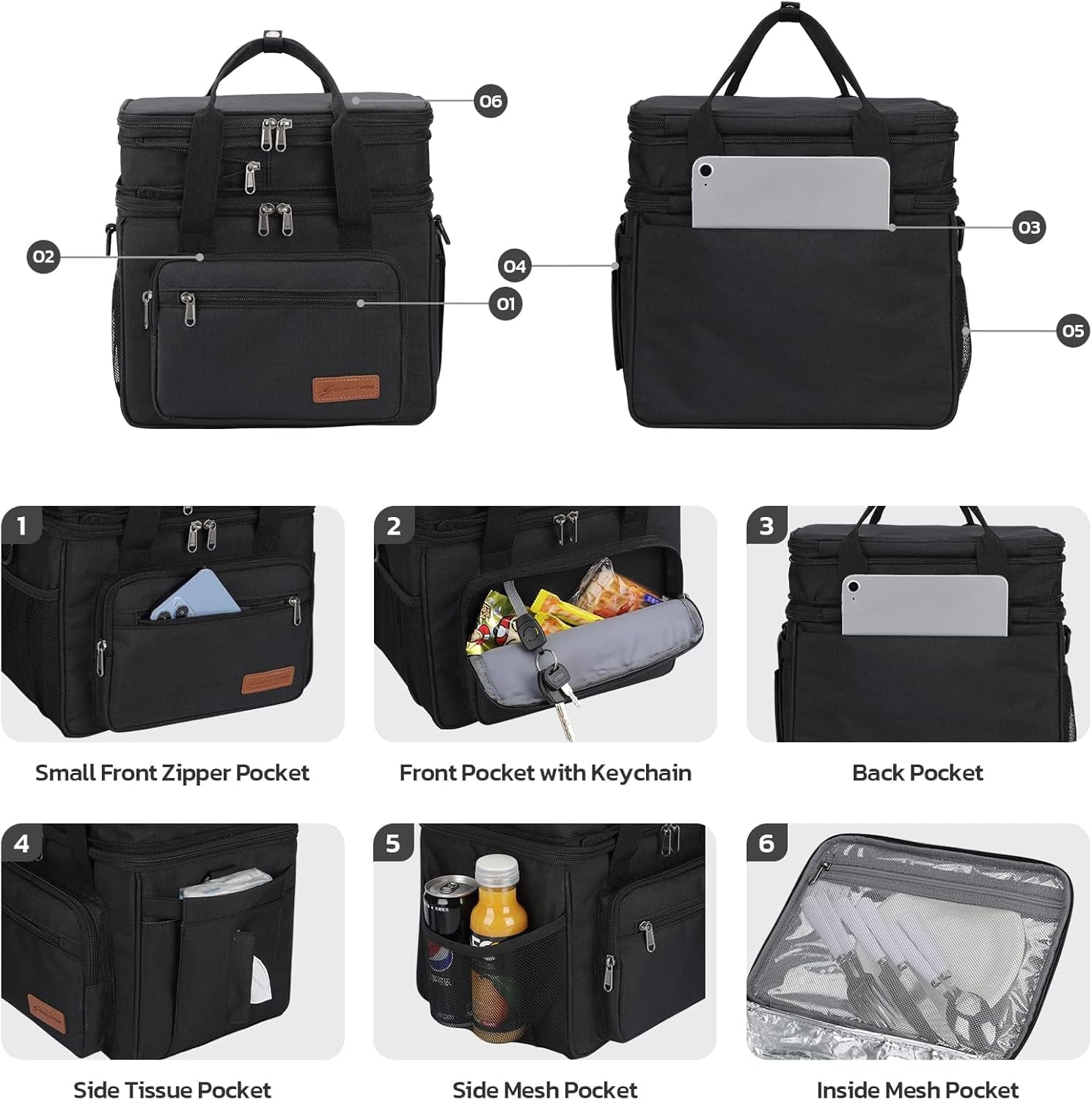 Maelstrom Lunch Box, 23L Insulated Lunch Bag, Expandable Double Deck Cooler Bag, Lightweight Leakproof Tote Bag With Side Tissue Pocket, Suit For Men and Women, Black