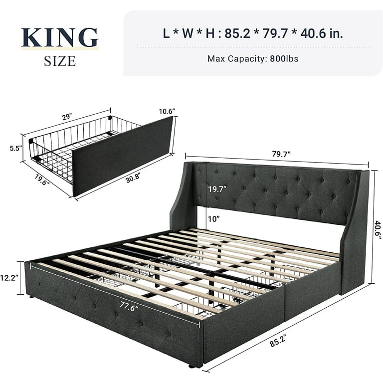 キングページ Allewie Upholstered King Bed Frame, 4 Drawers, Button Tufted