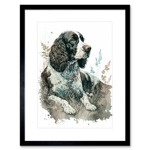 English Springer Spaniel Dog Lying in Field Modern Watercolour Illustration Artwork Framed Wall Art Print 9X7 Inch