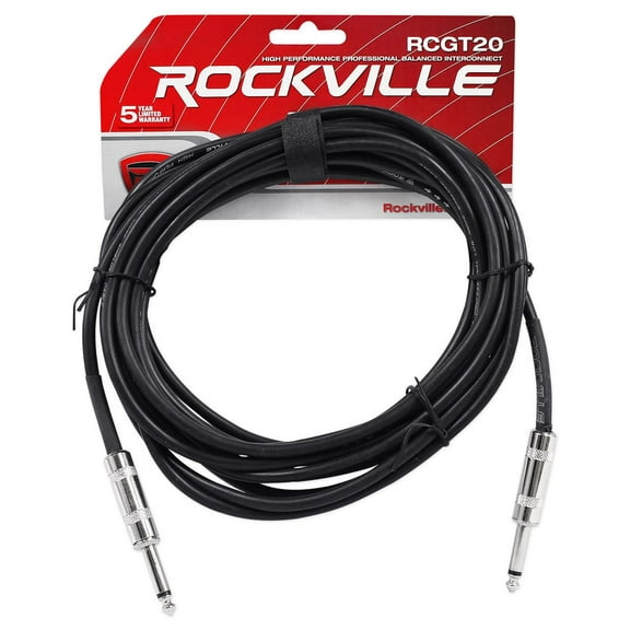Rockville RCGT20B Instrument Cable, 20 Ft, Black, 1/4'' TS to 1/4'' TS, 100% Copper, Shielded, Perfect for Guitar, Live Performances, and Studio Use