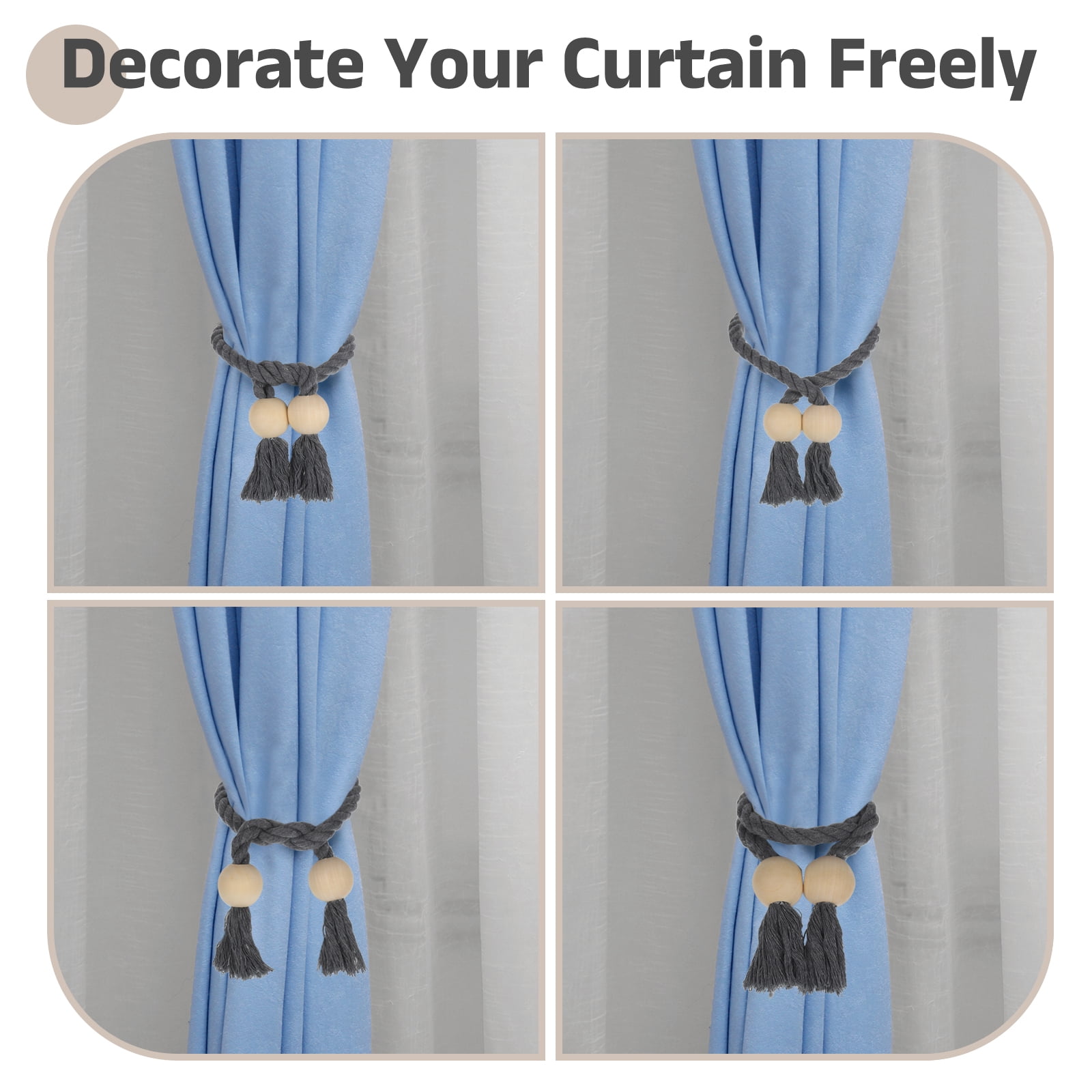 Unique Bargains Magnetic Curtain Tiebacks with Wooden Ball Hand-woven Holdbacks 4Pcs Black