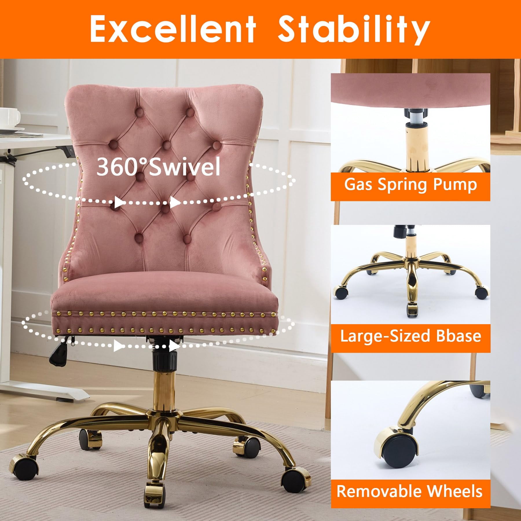 Pawverly Velvet Upholstered Office Chair, Tufted Button Swivel Desk Chair with Adjustable Height, Gold Metal Base & Wheels, Modern Vanity Chair, Pink