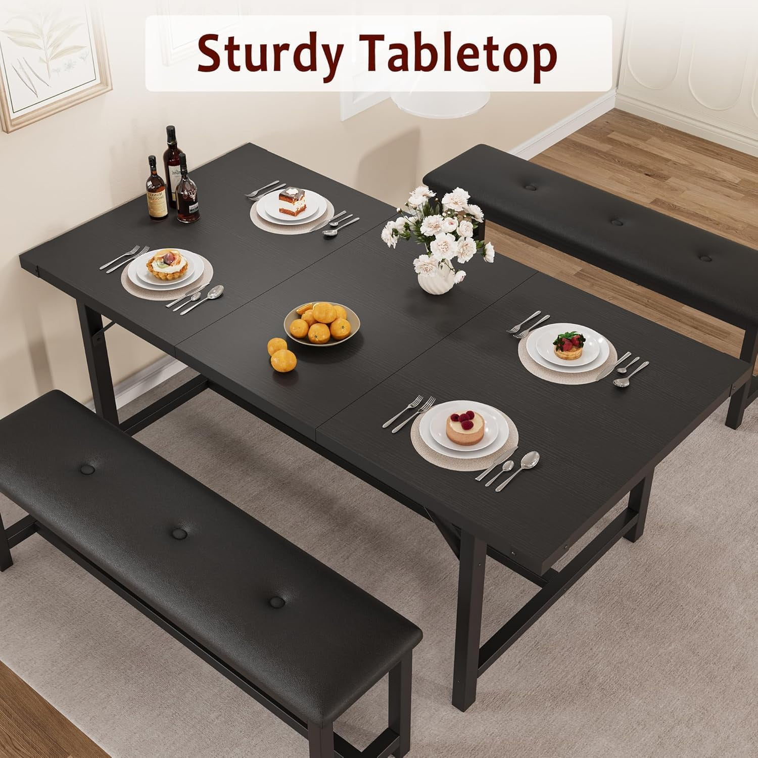 Extendable Dining Table for 4-6 Person,Wooden Dining Room Table,Modern 63" Extendable Table with 2 Upholstered Benches for Gatherings,Meeting for Small Kitchens Dining Office Areas
