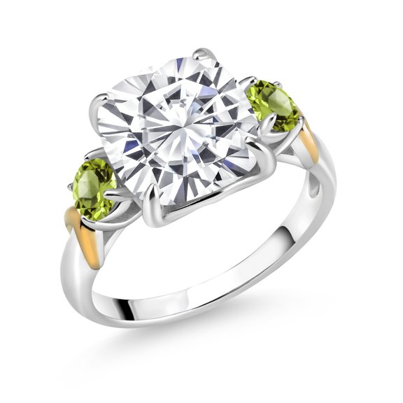 Gem Stone King 925 Silver and 10K Yellow Gold White Moissanite and Green Peridot 3 Stone Ring for Women (5.60 Cttw, Gemstone Birthstone, Cushion 10MM, Round 4MM, Size 7)