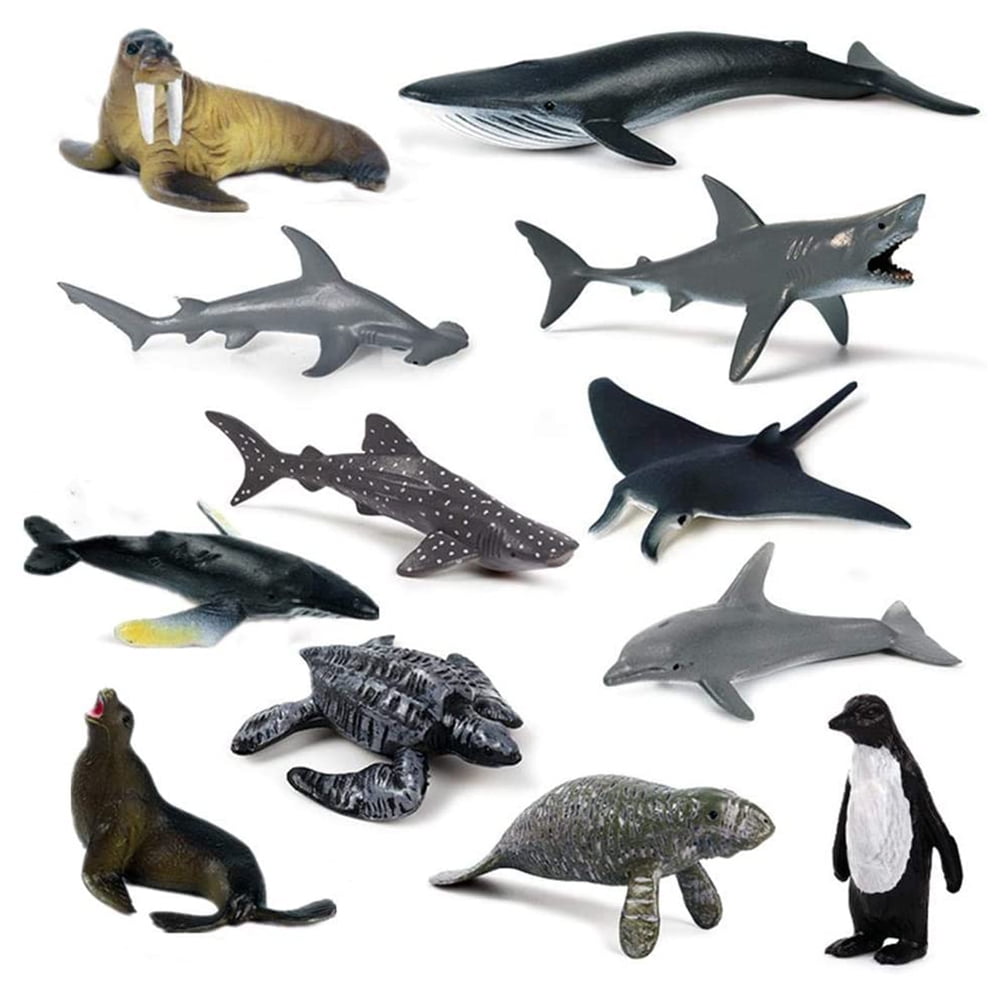 12 Plastic Marine Animal Ocean Creatures Penguin Dolphin Shark Model Kid Toy 
