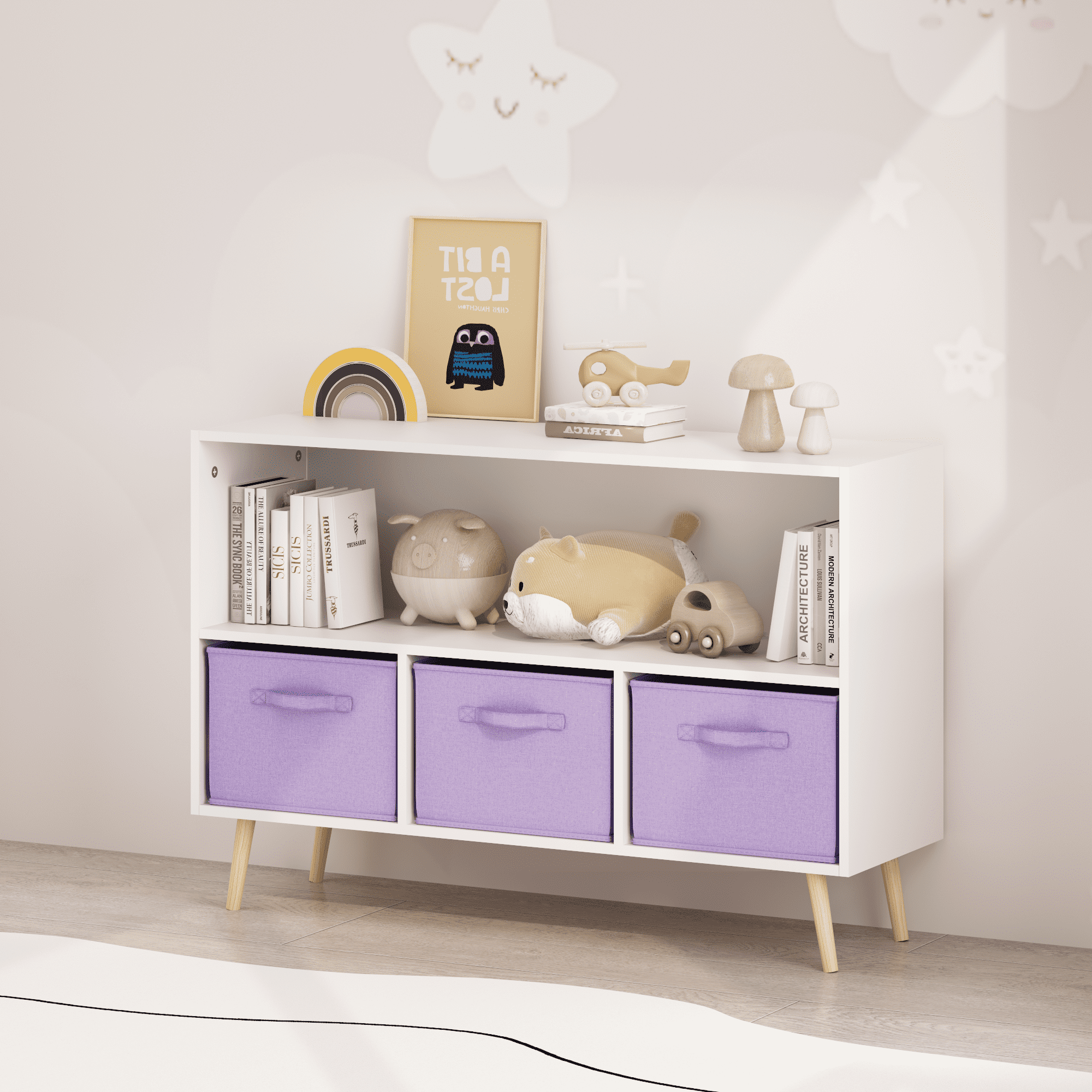 Kids bookcase with Collapsible Fabric Drawers, Children's Book Display, Toy Storage Cabinet Organizer, White/Purple