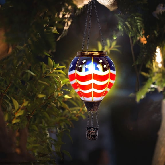 Solar Hot Air Balloon Lantern, DELESYS Hanging Outdoor Waterproof Lantern with Flickering Flame,Solar American Flag Lights Outdoor, for Yard Decoration,Air Balloon Solar Light