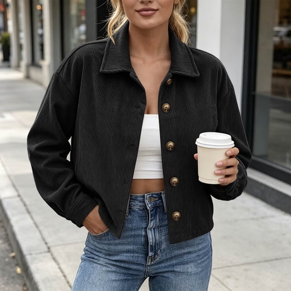 IUYRTFE Women's Button Down Corduroy Jacket Long Sleeve Collared Crop Coat with Pockets Casual Fall Outerwear