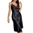 thumbnail image 2 of Fartey Casual Satin Nightgown for Women Sexy Lace Trim V Neck Chemise Sleepwear Soft Comfy Spaghetti Strap Sleeveless Nightgowns Loose Flowy Side Split Nightdress Black M, 2 of 4