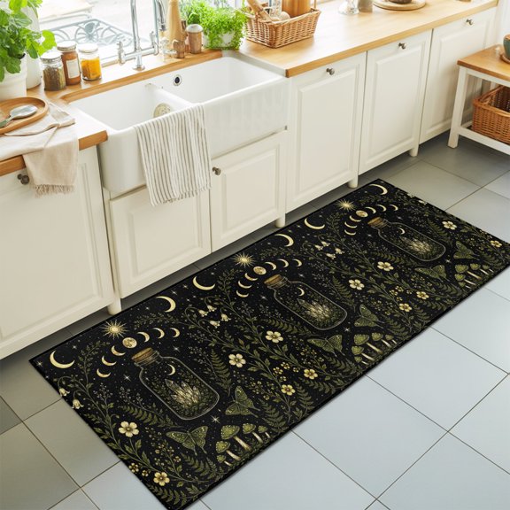 Whimsical Moon Washable Runner Rugs 2'x6', Mysterious Dark Green Cosmic Crystal Moths Floral Washable Runner Rug Non-Slip Sturdy Edge Binding Carpet for Bedside Hallway Runner Kitchen Galley