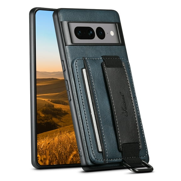 ELEHOLD Premium Leather Case for Google Pixel 7 Pro,Card Slot Wallet Kickstand Elastic Wristband Metal Ring Full Body Shockproof Protection Anti-Scratch Wallet Case,Blue