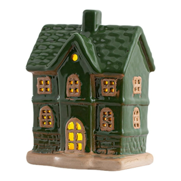 Casa de pueblo navideña de cerámica, decorativa, pequeña casa de porcelana con luz LED, para Estilo D