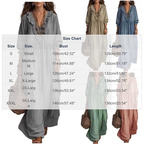 Dolkfu Yellow Dresses for Women Dressy Casual Cotton Blend Petal V-Neck 3/4 Sleeve Maxi Peasant Dresses Solid Relaxed Fit Retro Vintage Khaki,L