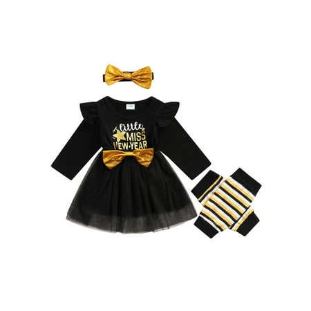 

IZhansean 2022 Happy New Year Baby Girls Princess Dress Set Letter Printed Tulle Dress with Headband and Leg Warmers Black 2-3 Years