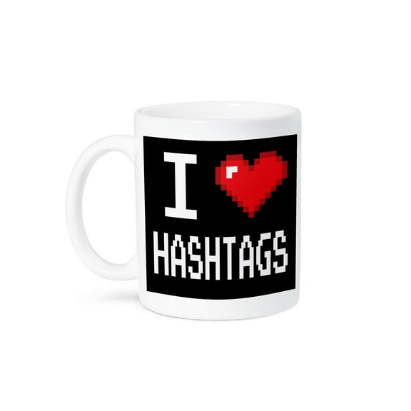 3dRose, Geeky Old School Pixelated Pixels 8-Bit I Heart I Love Hashtags, 11oz Mug