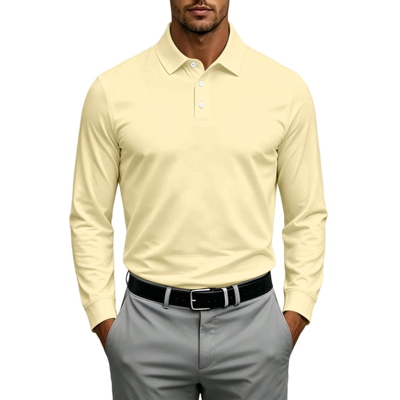 GrmtClth Men's Solid Lapel Collar Performance Golf Polo Shirt, Front Three Button Placket Long Sleeve Relax Fit Daily Wardrobe Staple Tops Yellow 2XL