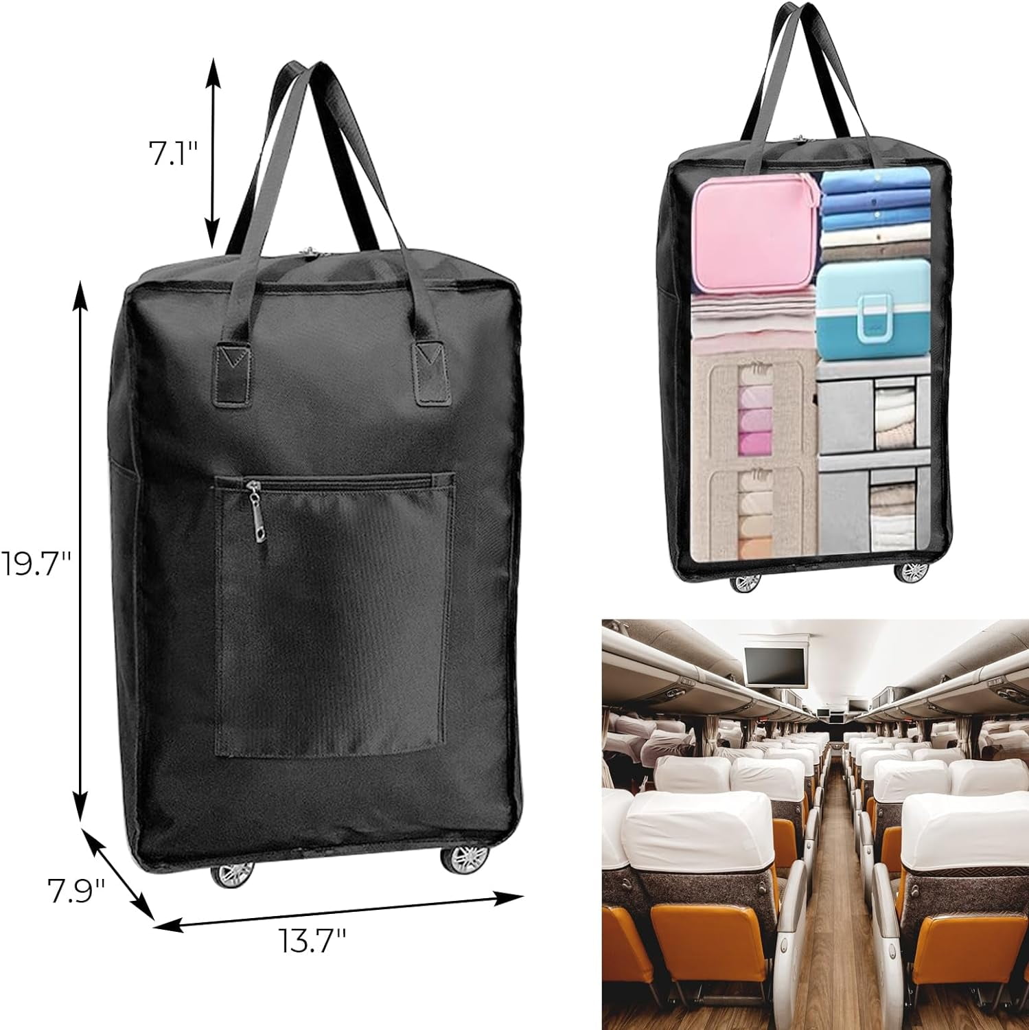 Expandable Foldable Duffel Bag with Wheels Rolling Duffle Bag Luggage Bag Carry on Bag Lightweight Suitcases,Black