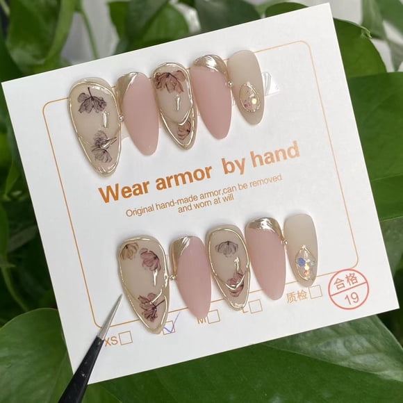 10Pcs Handmade French Short Almond press on nails Frosted flower senior delicate fake nails Design with Adhesive Nail File Set