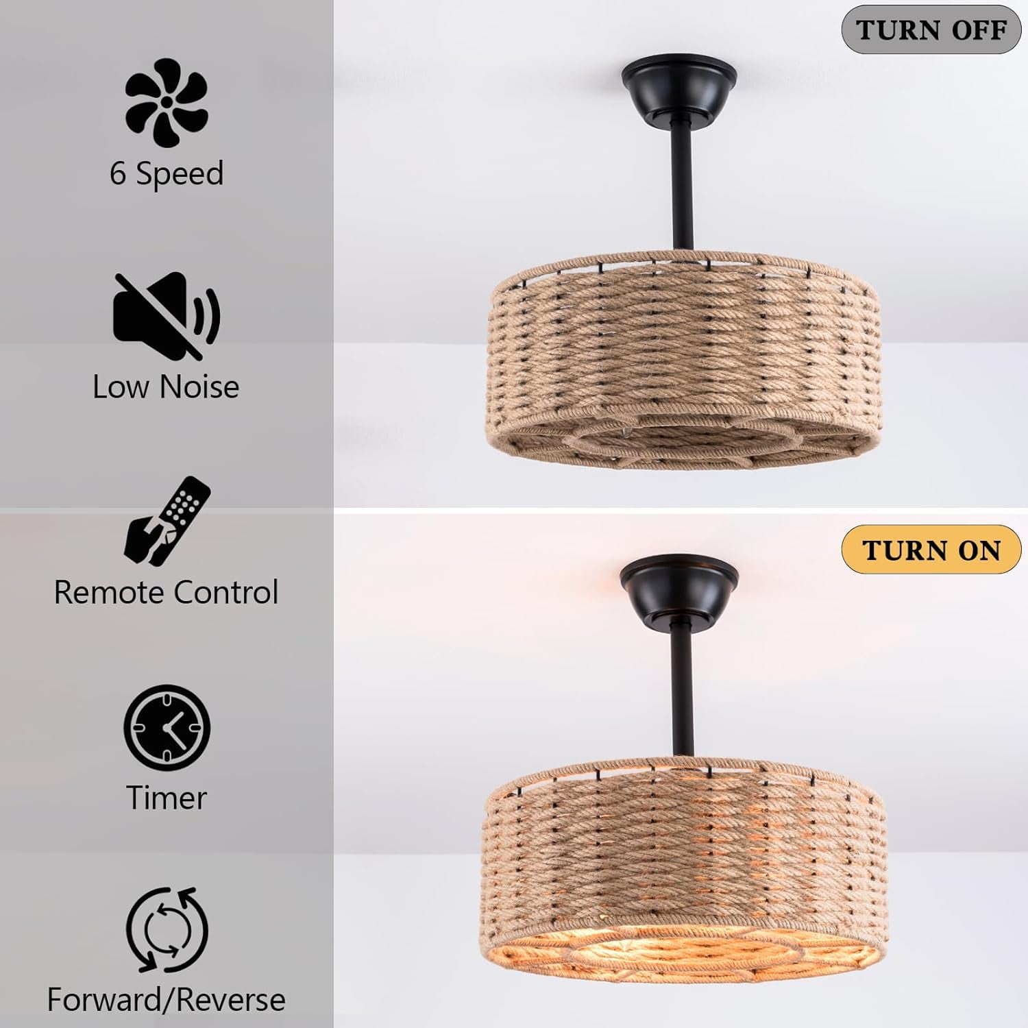 Maxax 19" Boho Caged Ceiling Fan with Light, Rattan Chandelier Ceiling Fan with Lights and Remote Control, 6 Speeds Reversible Timing Fandelier Ceiling Fan with Lights for Bedroom, Living Room