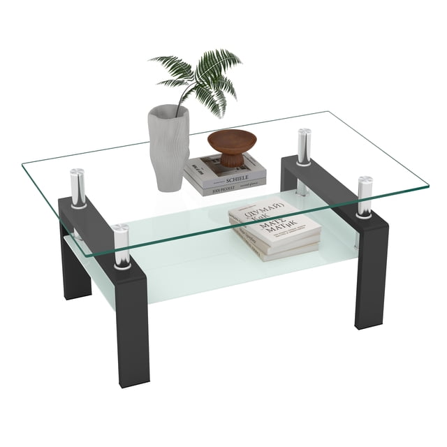 Table Basse Rectangulaire en Verre Noyer, Table Basse Transparente, Tables d'Appoint Modernes pour Salon, Mobilier de Salon
