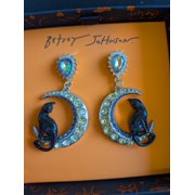 Betsey Johnson Silver Tone Black Cat Crescent Moon Drop Earrings