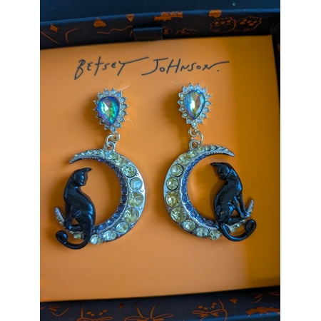 Betsey Johnson Silver Tone Black Cat Crescent Moon Drop Earrings