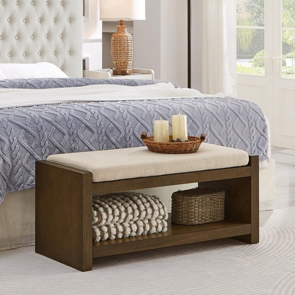 Accent Bench, Ivory with Lower Shelf Shoe Rack and Padded Removable Cushion, 40 Inch Storage Bench for End of Bed, Living Room, Entryway, Compact Design