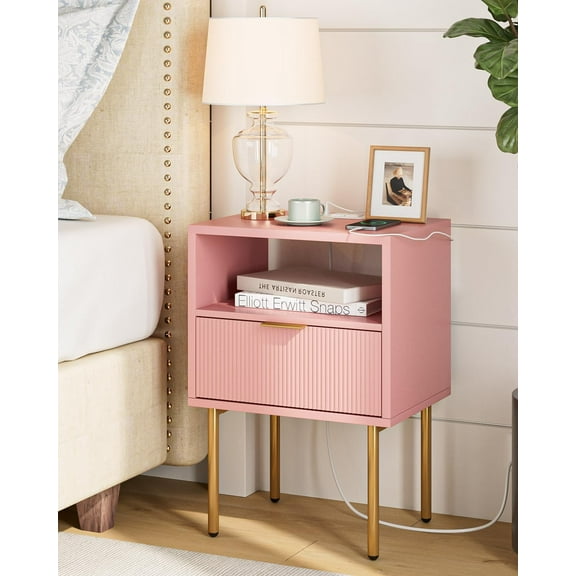 Nightstand with Charging Station,Mid-Century Modern Bedside Table with Storage Drawer and Open Wood Shelf,Small Gold Frame Side Table for Bedroom,Living Room (Pink)