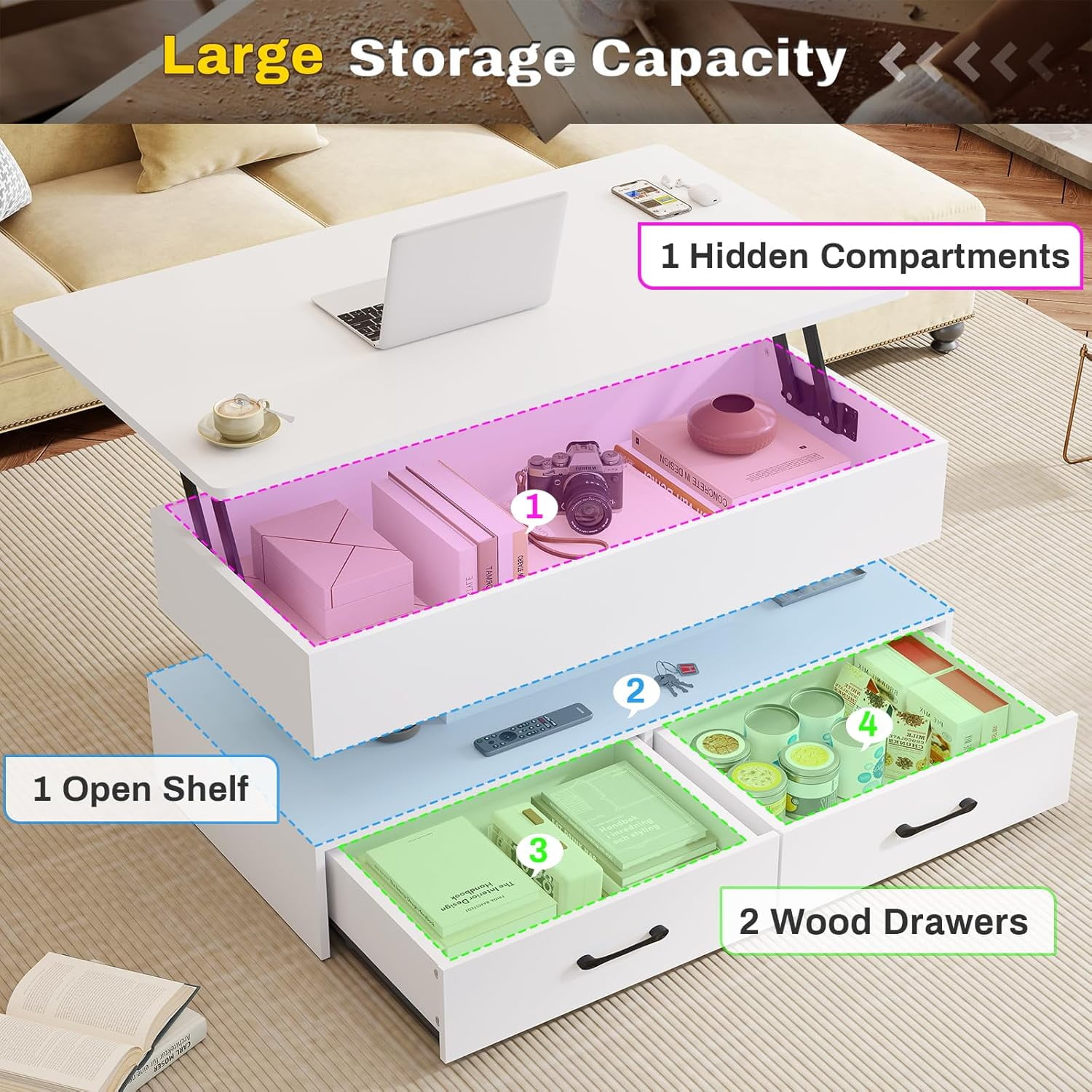 40" Lift Top Coffee Table with Storage, Modern Coffee Table with LED Lights and 2 Drawers, Small Coffee Table for Living Room, Dining Reception Room, White