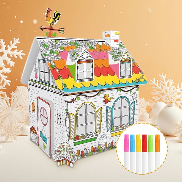 Casita de Juegos Navideña Diy, Divertida Fortaleza para Colorear, Diseño Plegable Fácil, Juego de Manualidades para Actividades Grupales, Unión Familiar, Pinceles de Acuarela Incluidos, Tamaño 33,5 X