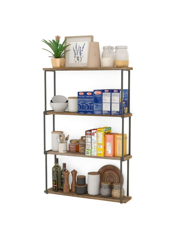 Wallniture Porto 4-Tier Floating Shelves Wall Storage for Kitchen Rustic Farmhouse Wood Bookcases Laundry Organizer, Natural Burned