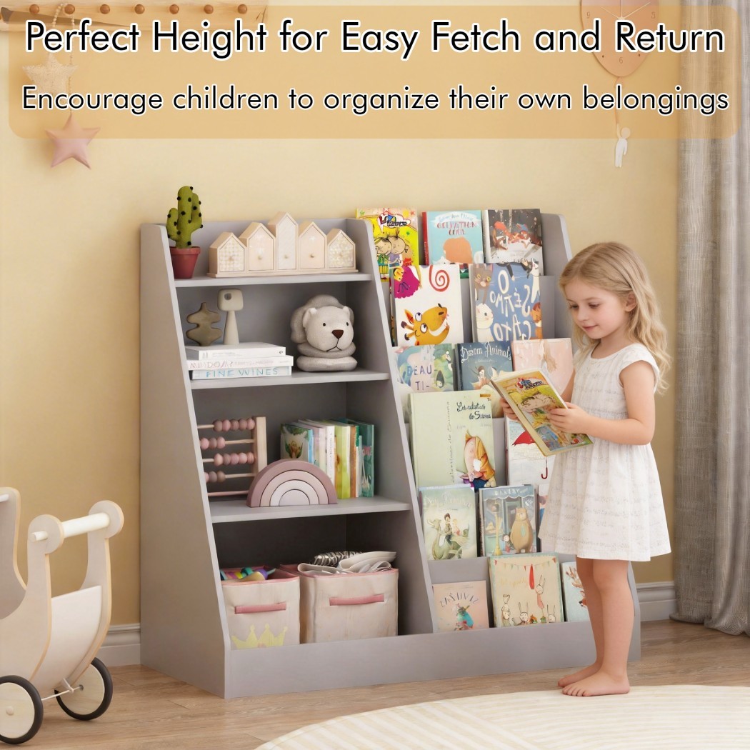 4-Tier Kids Bookshelf and Toy Storage Organizer, Wooden Children's Bookcase with Multi-Level Shelves & Toy Bin, Book Display Stand for Kids Room, Playroom & Nursery, Gray
