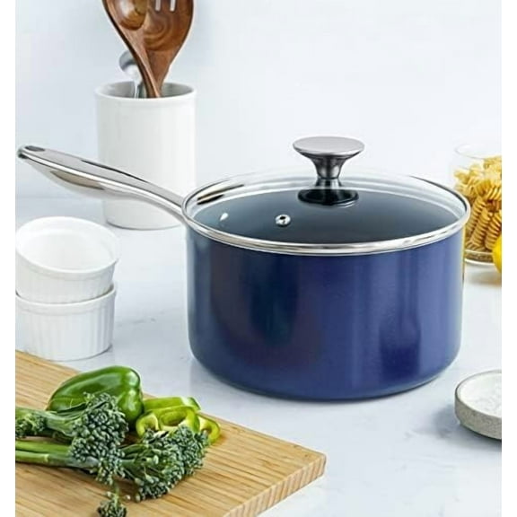 1 Quart Saucepan with Lid, Nonstick Ceramic Sauce Pan with Stainless Steel Handle, 1 Qt Saucepan with Lid Oven Safe, Blue